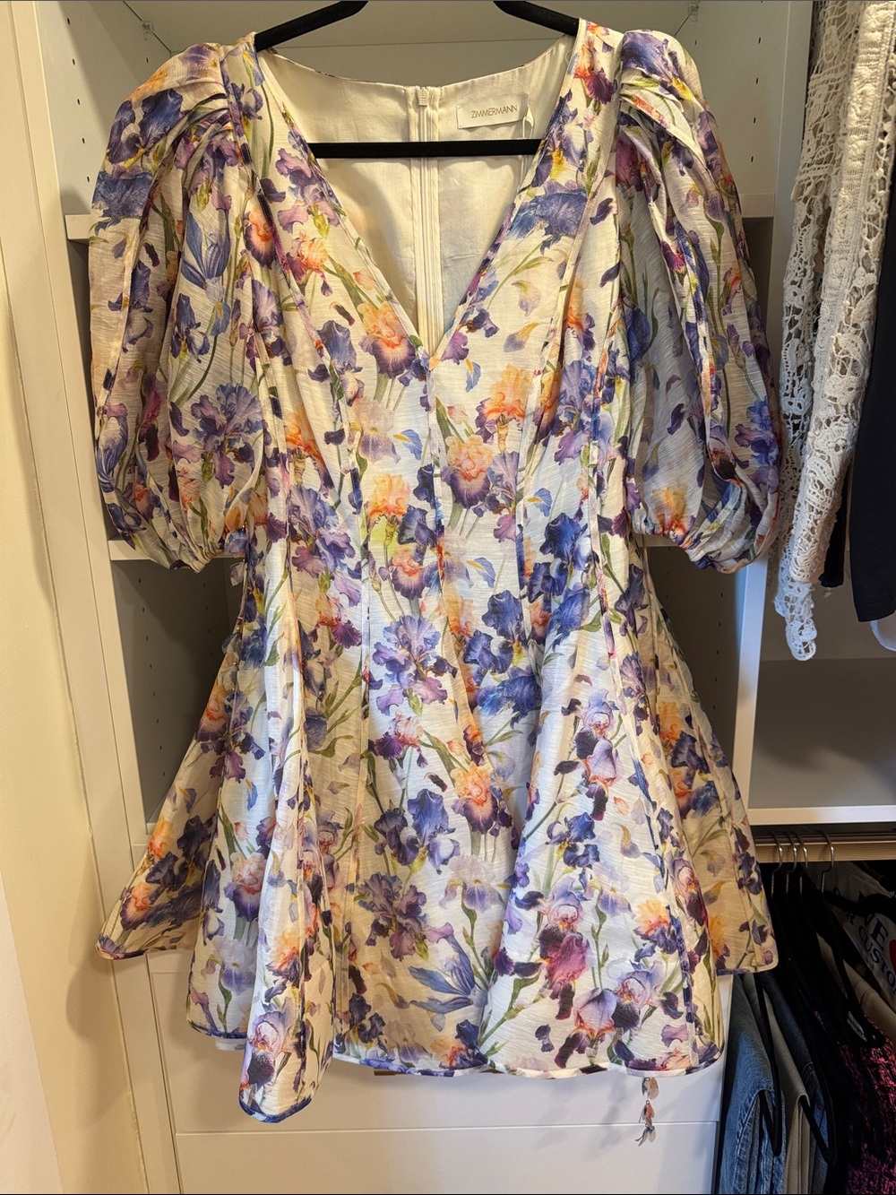 Zimmermann Ivory Floral Puff-Sleeve Mini Dress - Blue, Purple & Orange Flowers